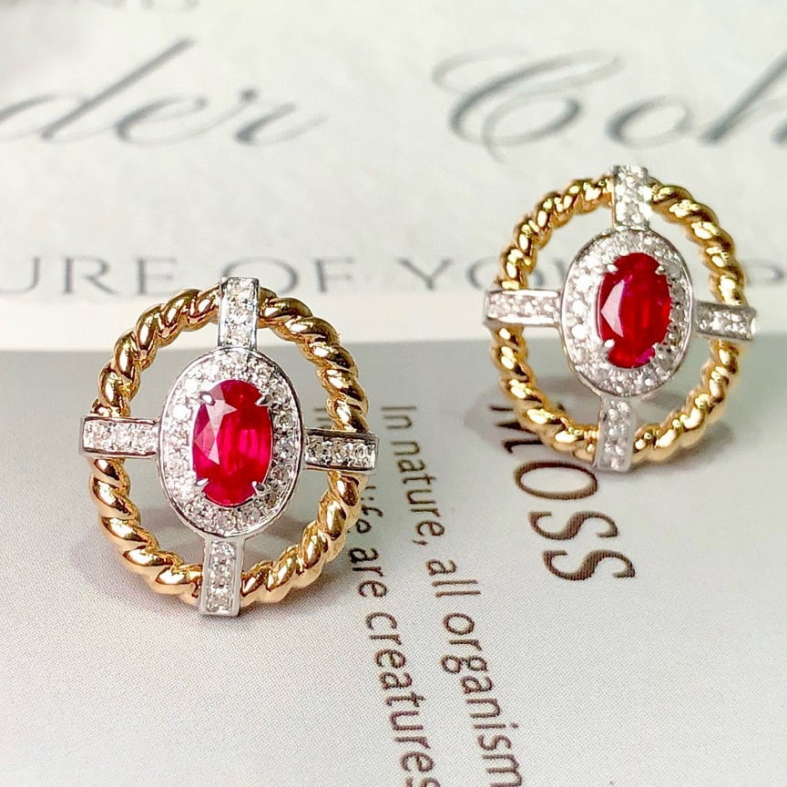 14k Gold 0.76 Ctw Natural Ruby & Diamond Earrings: Ref:230996237 // gold content:14k gold // main gemstone:ruby // shape:oval // carat weight:0. 58ct // color:red // treatment:natural // // adjacent gemstone 2 : diamond // shape:round // carat