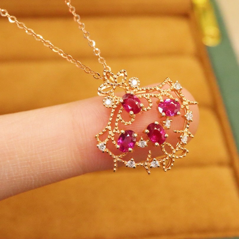 14k Gold 0.97 Ctw Natural Ruby & Diamond Pendant( Without Chain ) - 2