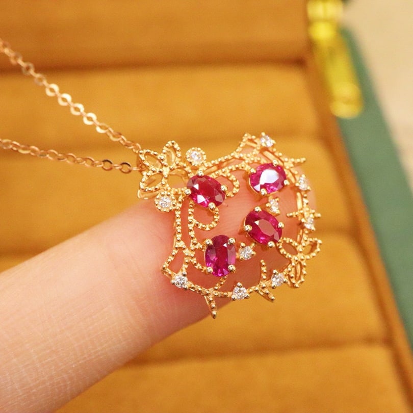 14k Gold 0.97 Ctw Natural Ruby & Diamond Pendant( Without Chain ) - 4