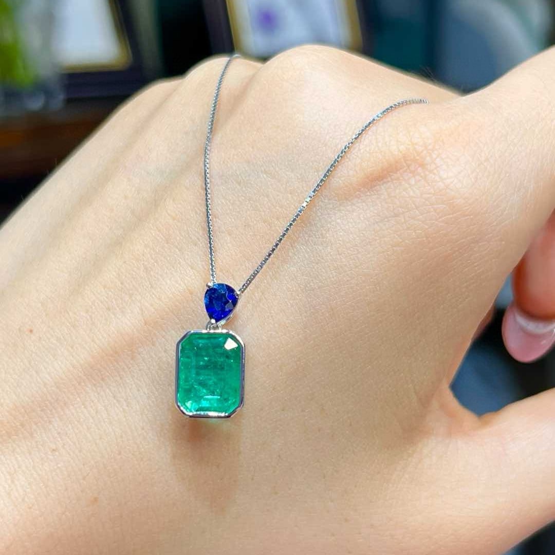 14k Gold 3.11 Ctw Natural Emerald & Sapphire & Toi Et Moi Pendant( Without Chain ) - 2