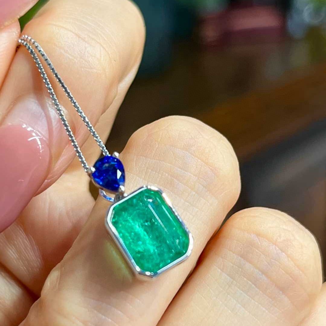 14k Gold 3.11 Ctw Natural Emerald & Sapphire & Toi Et Moi Pendant( Without Chain ) - 3