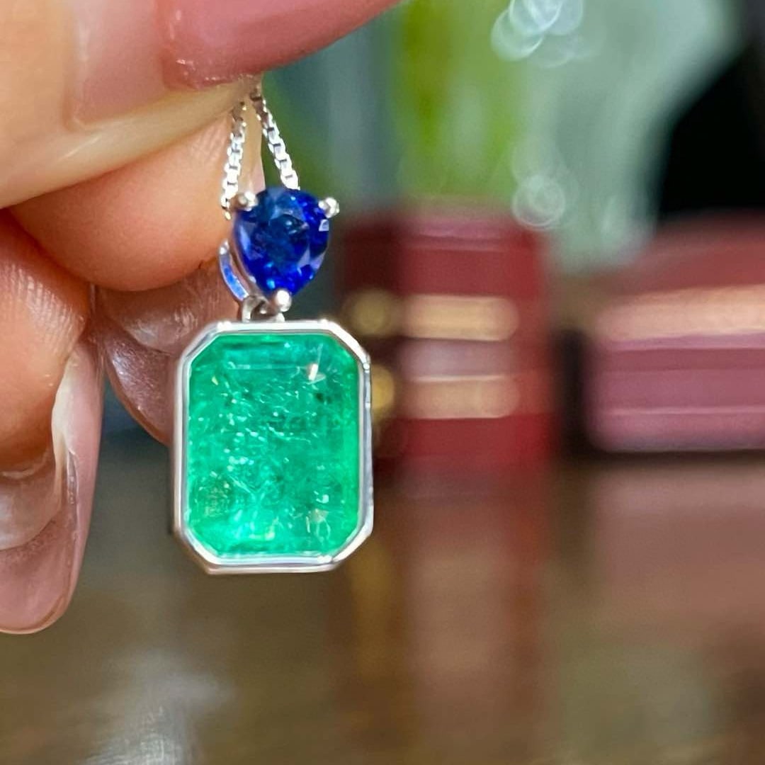 14k Gold 3.11 Ctw Natural Emerald & Sapphire & Toi Et Moi Pendant( Without Chain ) - 6