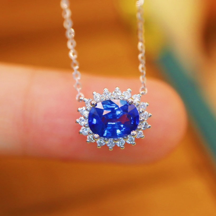 14k Gold 1.43 Ctw Natural Sapphire & Diamond Necklace: Ref:230996272 // gold content:14k gold // main gemstone:sapphire // shape:oval // carat weight:1. 25ct // color:royal blue // treatment:natural // // adjacent gemstone 2 : diamond // number of