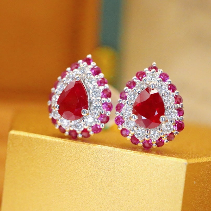 14k Gold 0.93 Ctw Natural Ruby & Ruby Earrings - 2