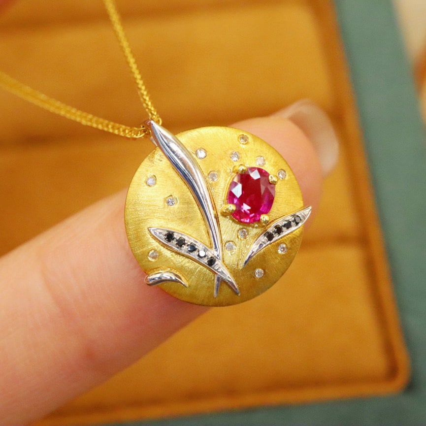 14k Gold 0.45 Ctw Natural Ruby & Diamond Pendant( Without Chain ) - 2