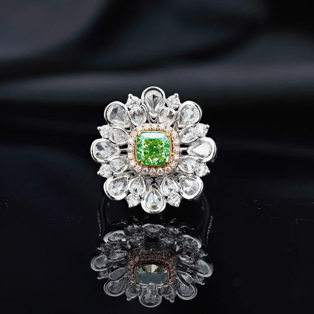 14k Gold 2.67 Ctw Natural Green Diamond & Diamond Ring: Ref:230996326 // gold content:14k gold // ring size:7. 25us // // main gemstone:green diamond // shape:cushion // carat weight:1. 02ct // color:green // treatment:natural // // adjacent gemstone 2 : d