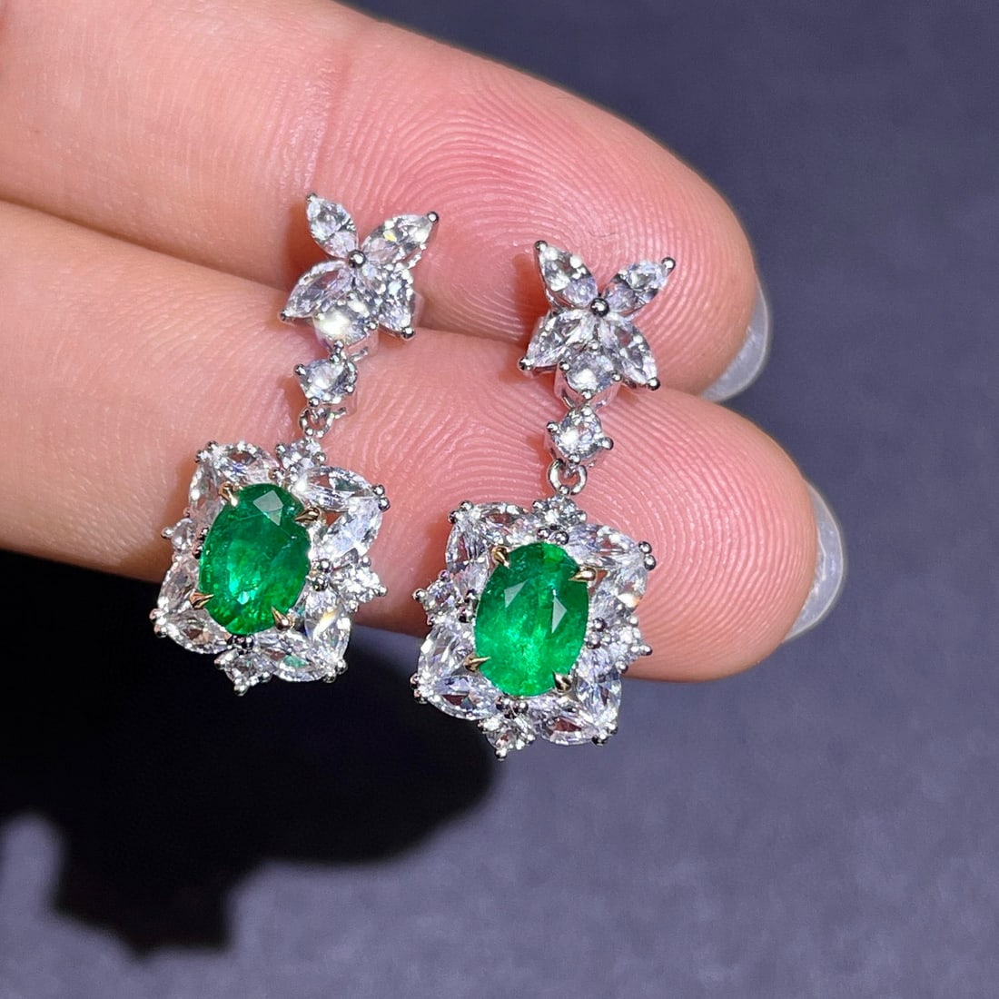 14k Gold 3.93 Ctw Vivid Green Natural Emerald & Diamond Earrings - 2