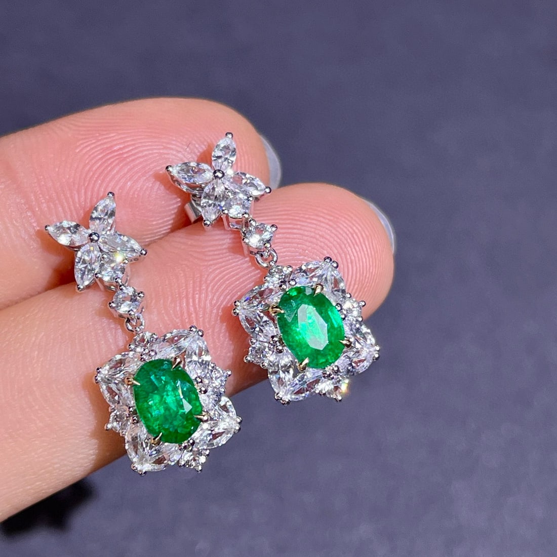 14k Gold 3.93 Ctw Vivid Green Natural Emerald & Diamond Earrings - 3
