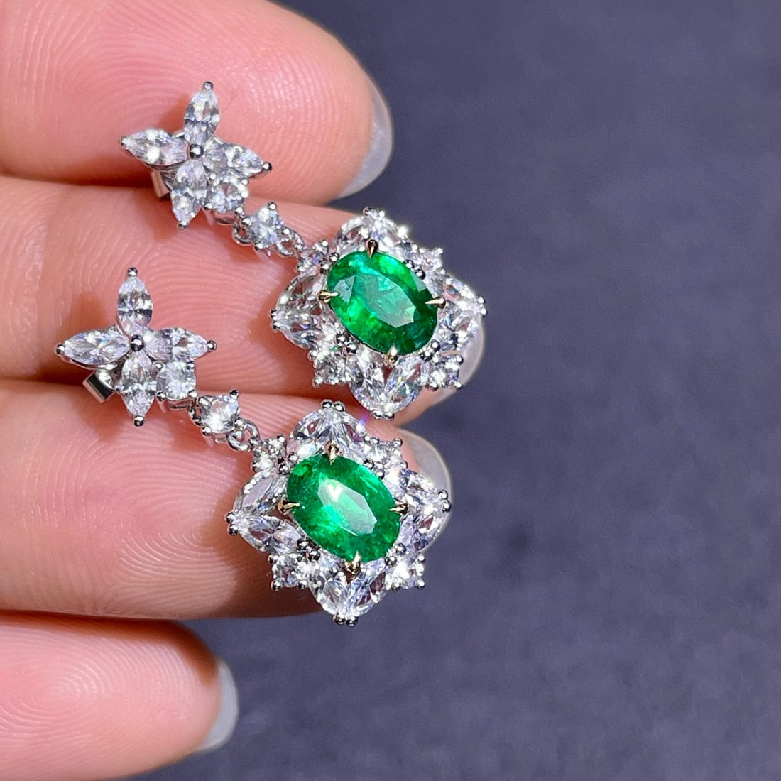 14k Gold 3.93 Ctw Vivid Green Natural Emerald & Diamond Earrings - 4