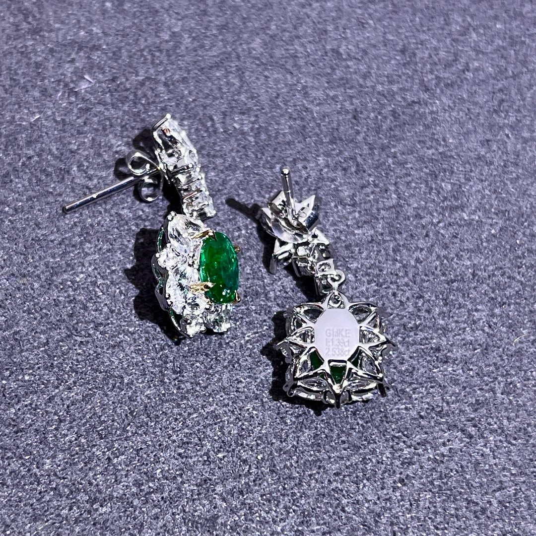 14k Gold 3.93 Ctw Vivid Green Natural Emerald & Diamond Earrings - 5