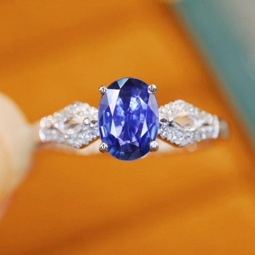 14k Gold 0.97 Ctw Natural Sapphire & Diamond Ring: Ref:230996339 // gold content:14k gold // ring size:7. 25us // // main gemstone:sapphire // shape:oval // carat weight:0. 86ct // color:cornflower blue // treatment:natural // // adjacent gemstone 2
