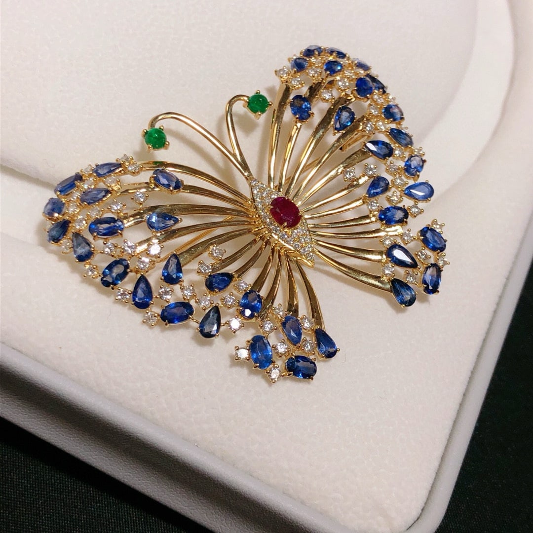 14k Gold 13.50 Ctw Natural Ruby & Sapphire & Butterfly Brooch/pendant( Without Chain ) - 2