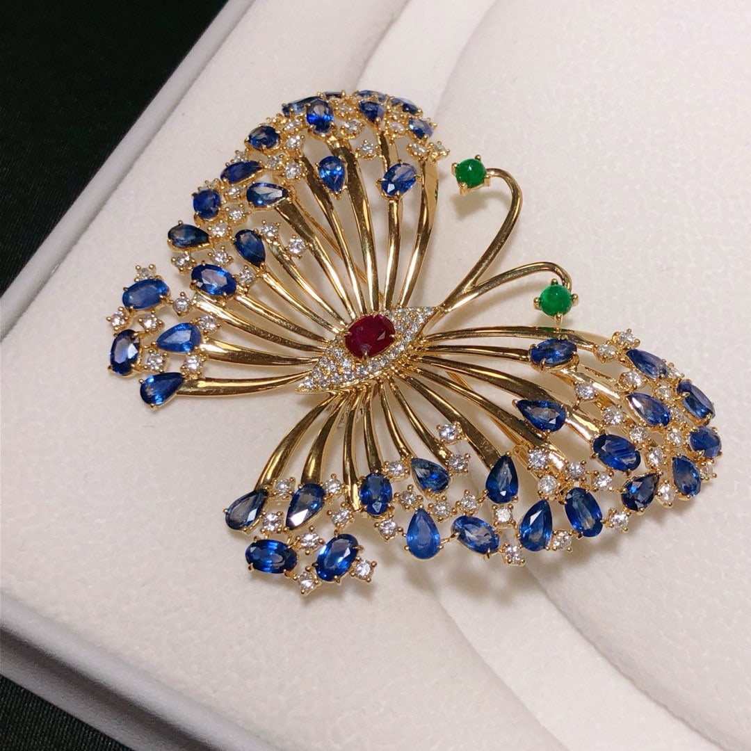 14k Gold 13.50 Ctw Natural Ruby & Sapphire & Butterfly Brooch/pendant( Without Chain ) - 3