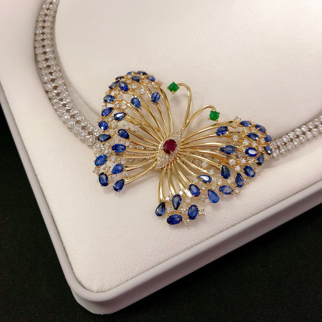 14k Gold 13.50 Ctw Natural Ruby & Sapphire & Butterfly Brooch/pendant( Without Chain ) - 5