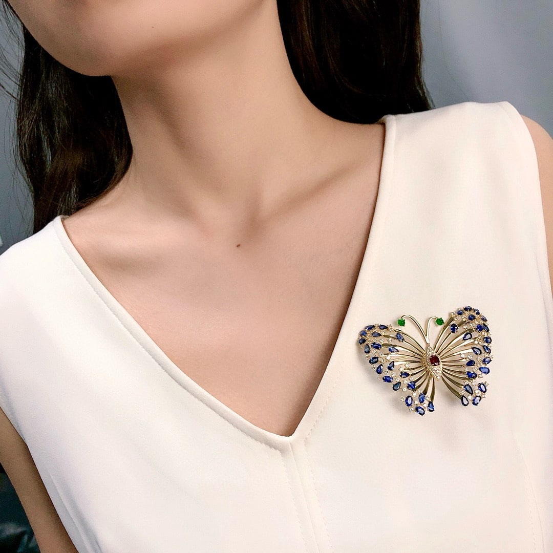 14k Gold 13.50 Ctw Natural Ruby & Sapphire & Butterfly Brooch/pendant( Without Chain ) - 8