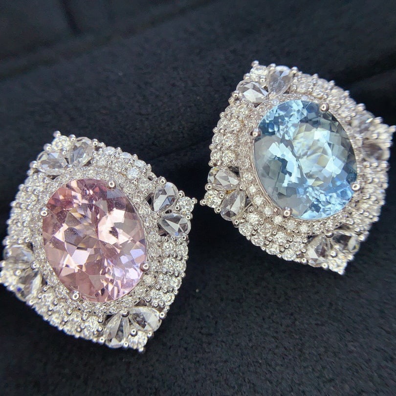 14k Gold 6.86 Ctw Natural Aquamarine & Morganite & Diamond Earrings: Ref:230996344 // gold content:14k gold // main gemstone:aquamarine & morganite // shape:oval // carat weight:4. 9ct // color:blue & pink // treatment:natural // // adjacent gemstone 2 : diamond //