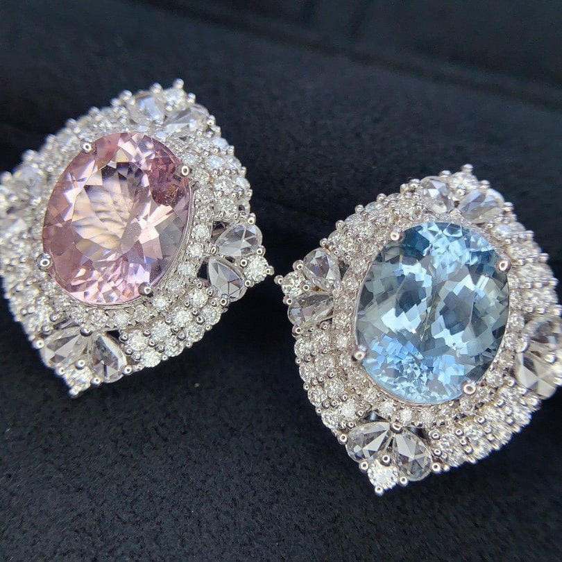 14k Gold 6.86 Ctw Natural Aquamarine & Morganite & Diamond Earrings - 2
