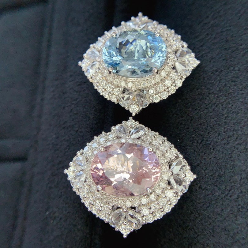 14k Gold 6.86 Ctw Natural Aquamarine & Morganite & Diamond Earrings - 3
