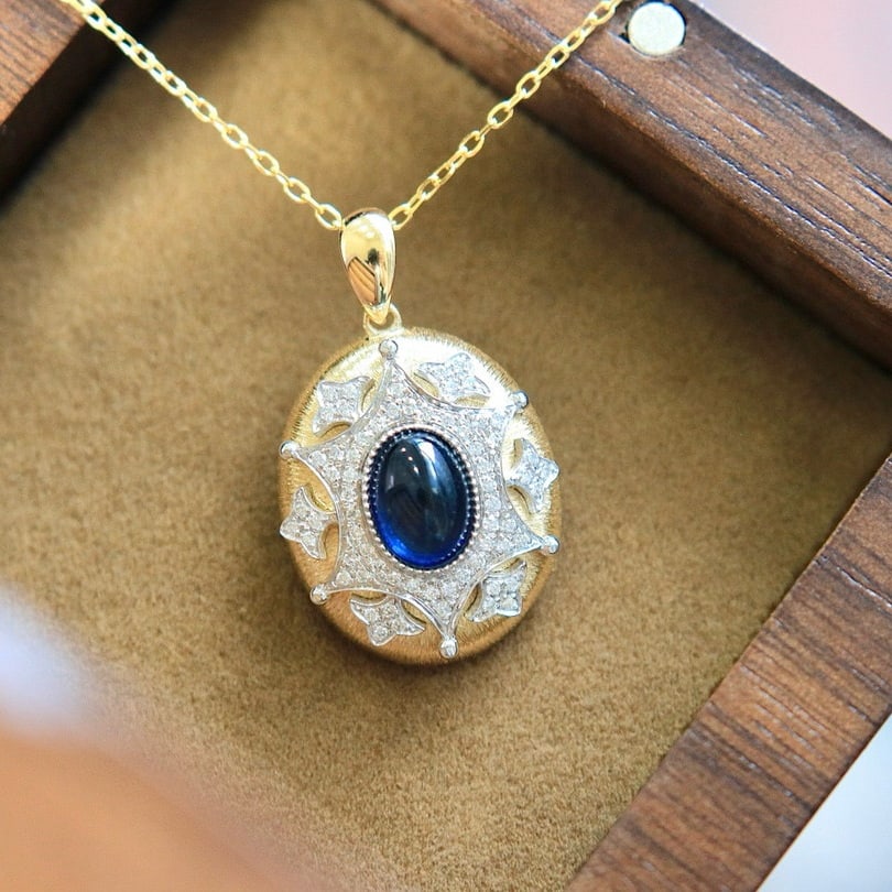 14k Gold 1 Ct Natural Sapphire & Diamond Necklace - 2