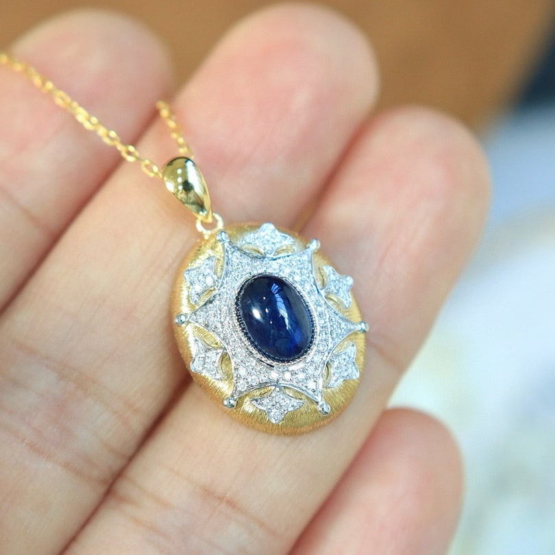 14k Gold 1 Ct Natural Sapphire & Diamond Necklace - 4