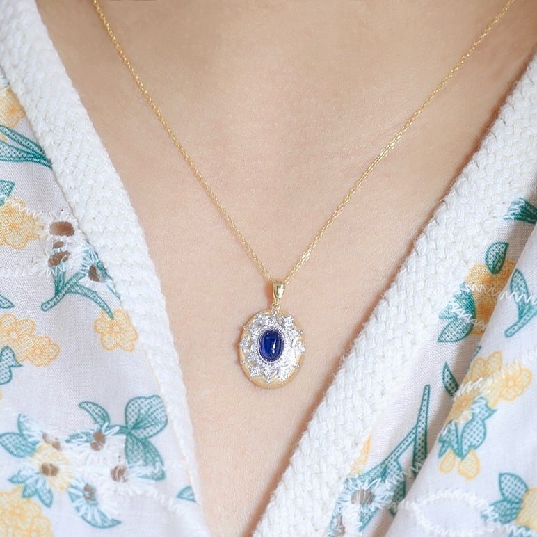 14k Gold 1 Ct Natural Sapphire & Diamond Necklace - 5