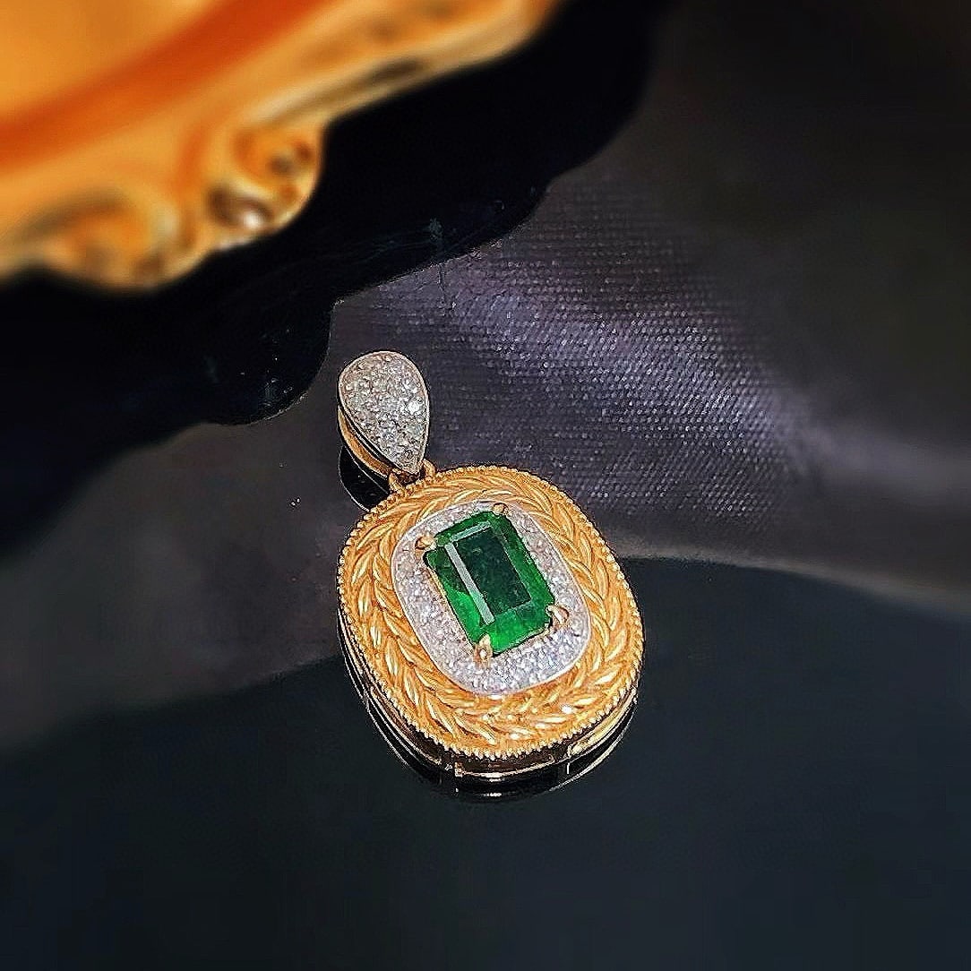 14k Gold 0.6 Ct Vivid Green Natural Emerald & Diamond Pendant( Without Chain ) - 4