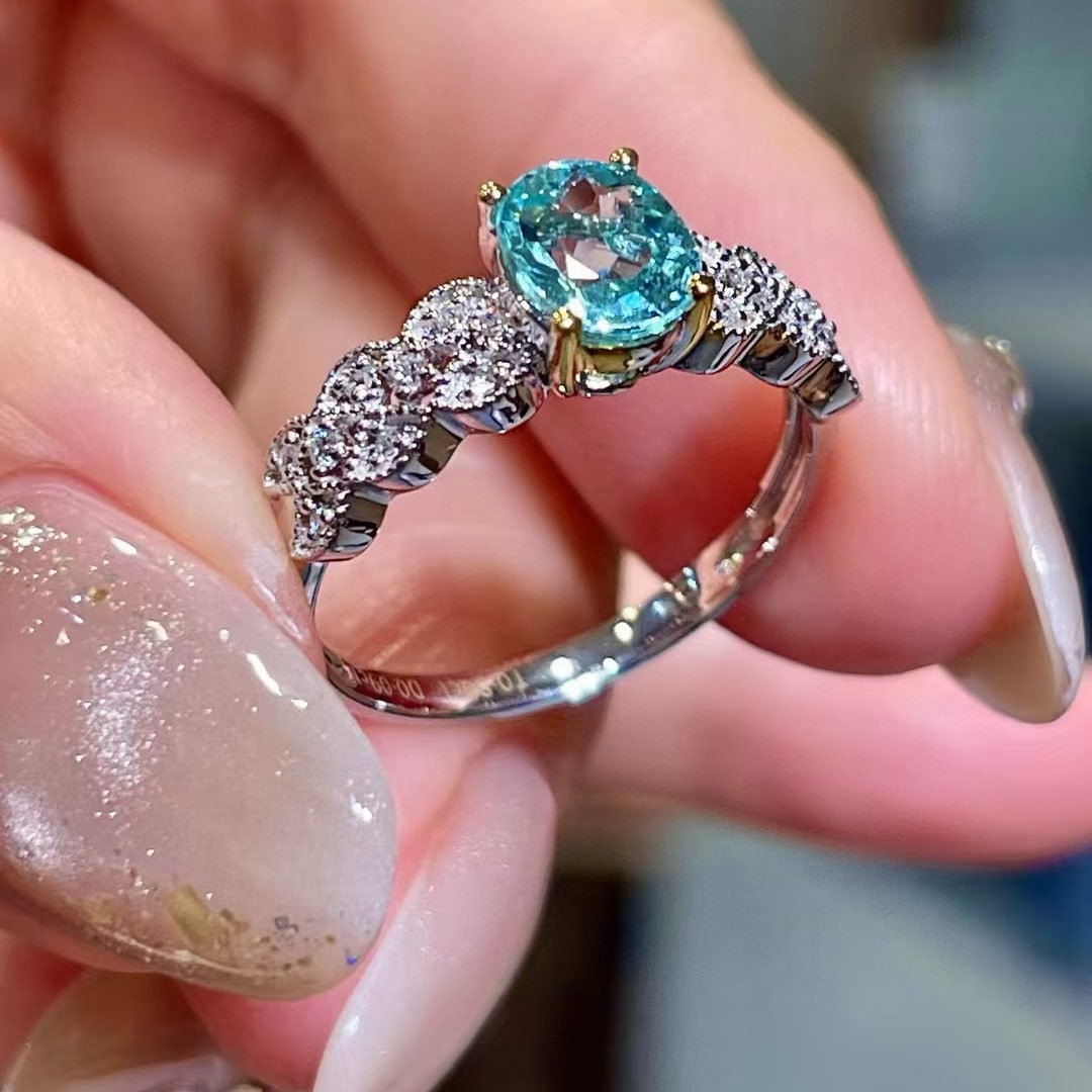 14k Gold 0.89 Ctw Natural Paraiba Tourmaline & Diamond Ring - 2