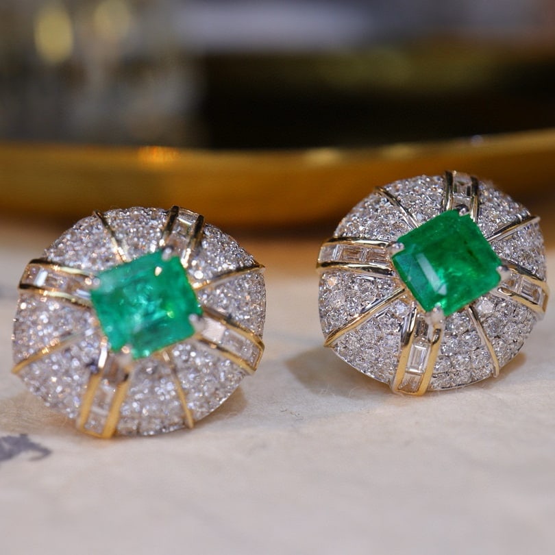 14k Gold 1.18 Ct Vivid Green Natural Emerald & Diamond Earrings - 2