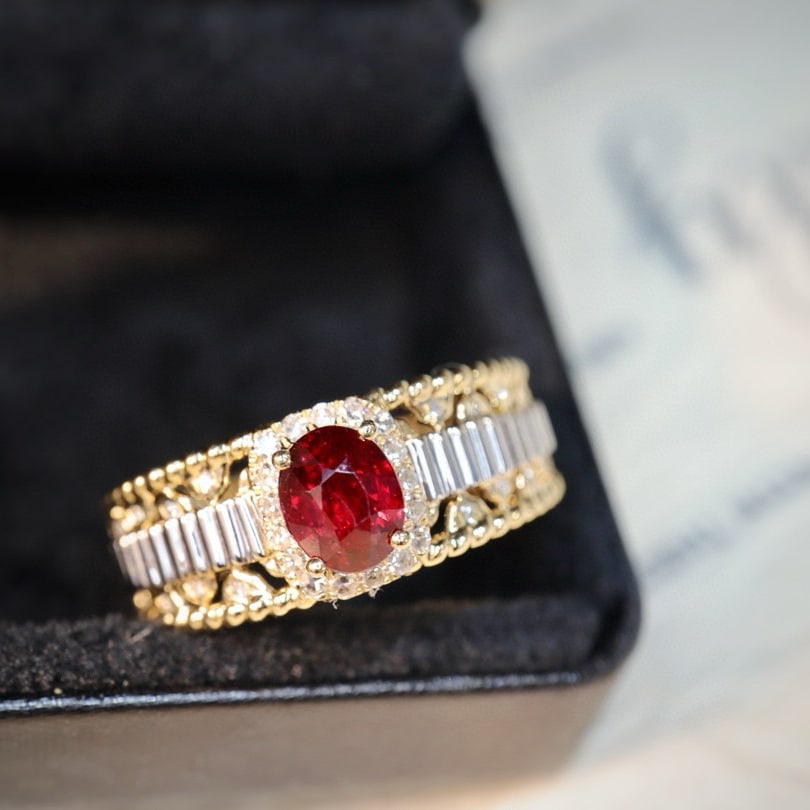 14k Gold 0.96 Ctw Natural Ruby & Diamond Ring: Ref:230996386 // gold content:14k gold // ring size:7. 25us // // main gemstone:ruby // shape:oval // carat weight:0. 81ct // color:pigeonblood red // treatment:natural // // adjacent gemstone 2 : dia