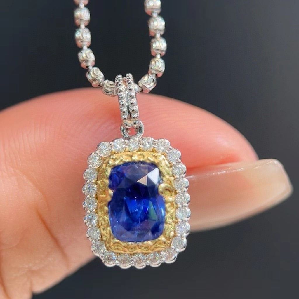 14k Gold 2.44 Ctw Natural Sapphire & Diamond Pendant( Without Chain ): Ref:230996391 // gold content:14k gold // main gemstone:sapphire // shape:cushion // carat weight:2. 20ct // color:royal blue // treatment:natural // // adjacent gemstone 2 : diamond // shape:round //