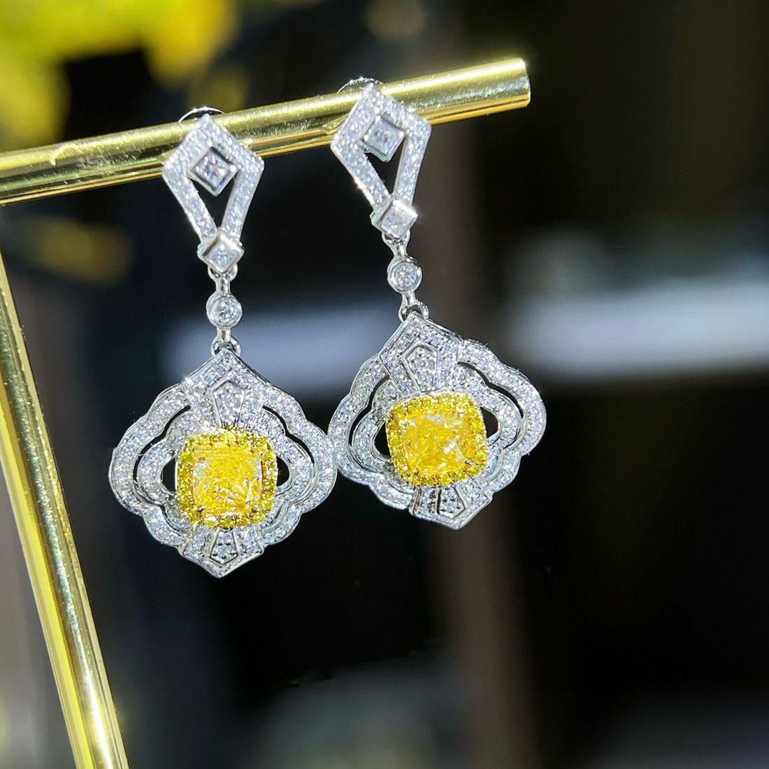 14k Gold 1.60 Ctw Natural Yellow Diamond & Diamond Earrings - 3