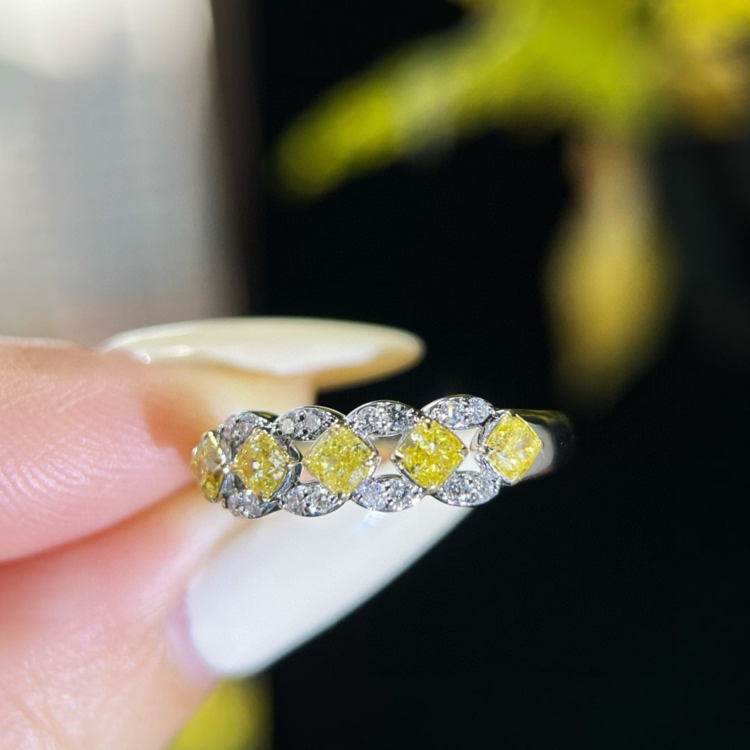 14k Gold 0.76 Ctw Natural Yellow Diamond & Diamond Ring: Ref:230996394 // gold content:14k gold // ring size:7. 25us // // main gemstone:yellow diamond // shape:cushion // carat weight:0. 63ct // color:yellow // treatment:natural // // adjacent gemstone 2 :