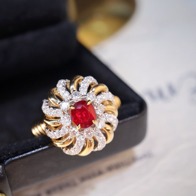 14k Gold 1.38 Ctw Natural Ruby & Diamond Ring: Ref:230996403 // gold content:14k gold // ring size:7. 25us // // main gemstone:ruby // shape:oval // carat weight:0. 64ct // color:pigeonblood red // treatment:natural // // adjacent gemstone 2 :