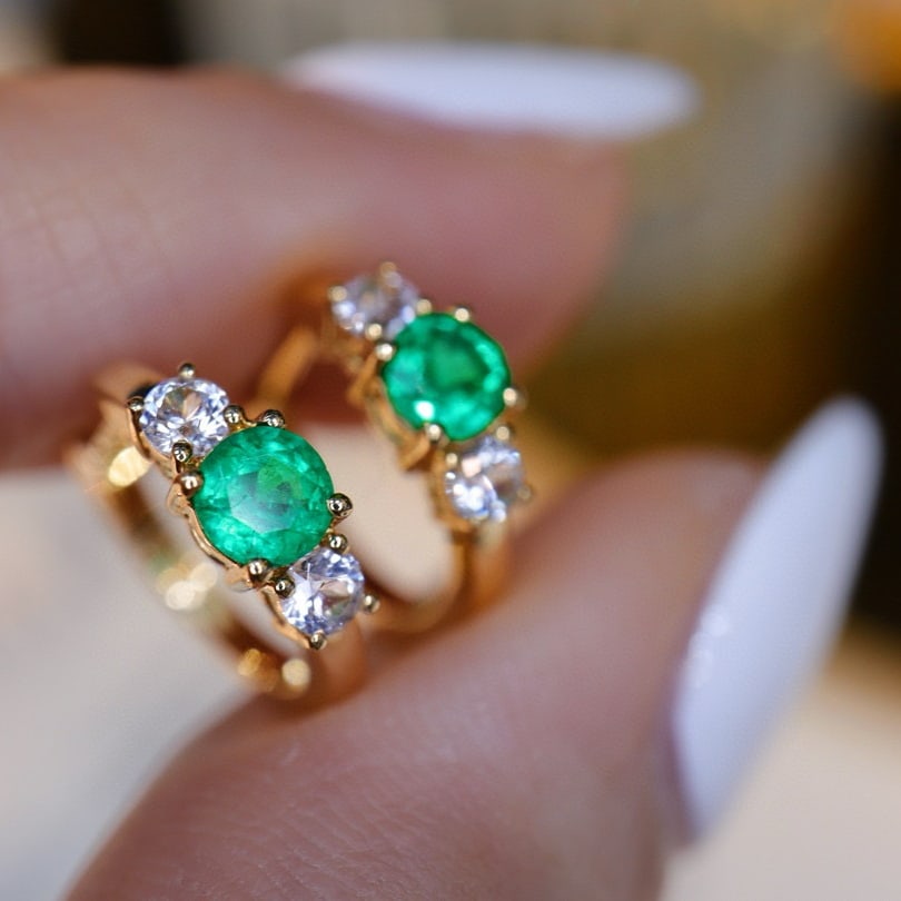 14k Gold 0.35 Ct Vivid Green Natural Emerald & Sapphire Earrings - 2