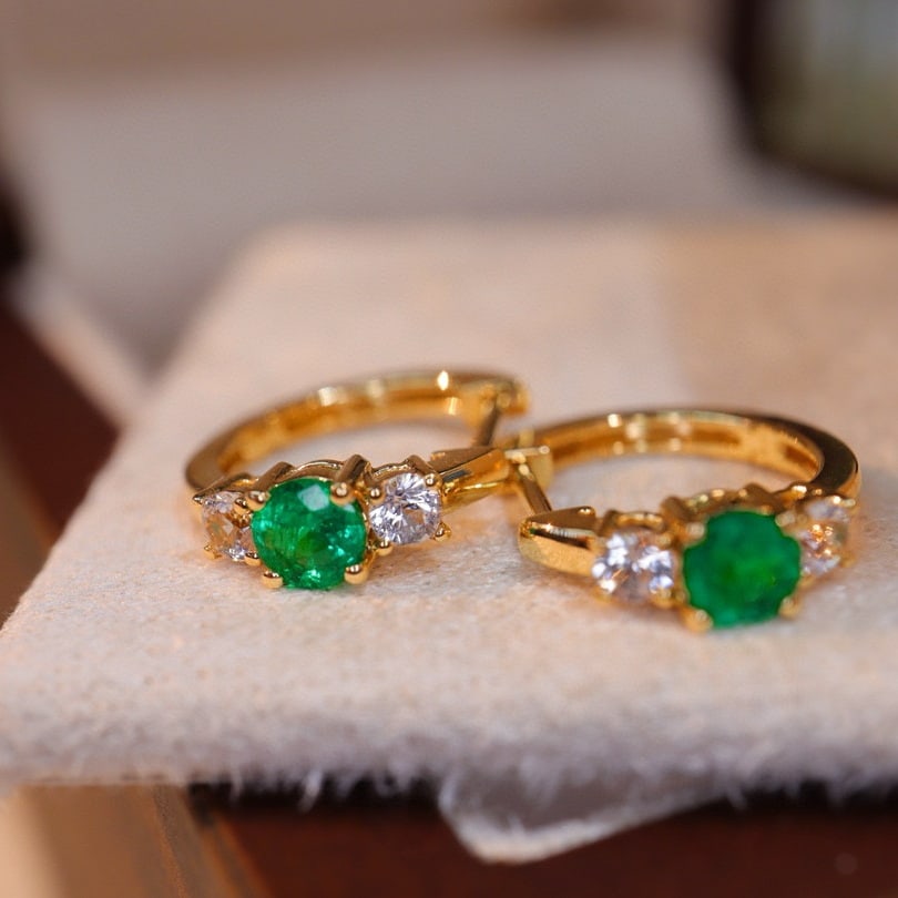 14k Gold 0.35 Ct Vivid Green Natural Emerald & Sapphire Earrings - 5