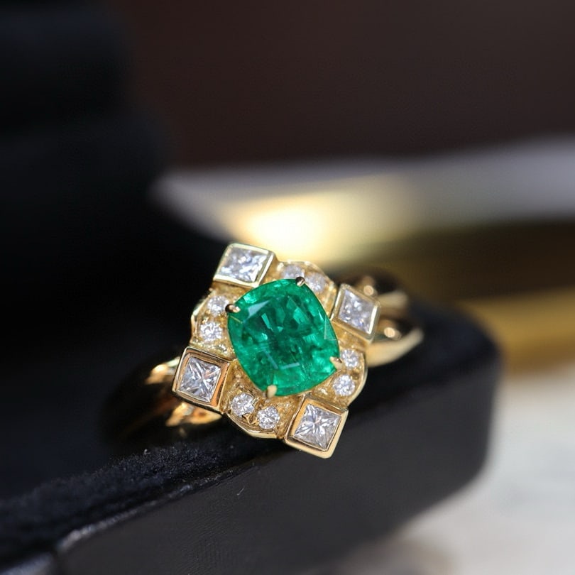 14k Gold 1.14 Ctw Vivid Green Natural Emerald & Diamond Ring: Ref:230996407 // gold content:14k gold // ring size:7. 25us // // main gemstone:emerald // shape:cushion // carat weight:0. 85ct // color:vivid green // treatment:natural // // adjacent gemstone 2 : d