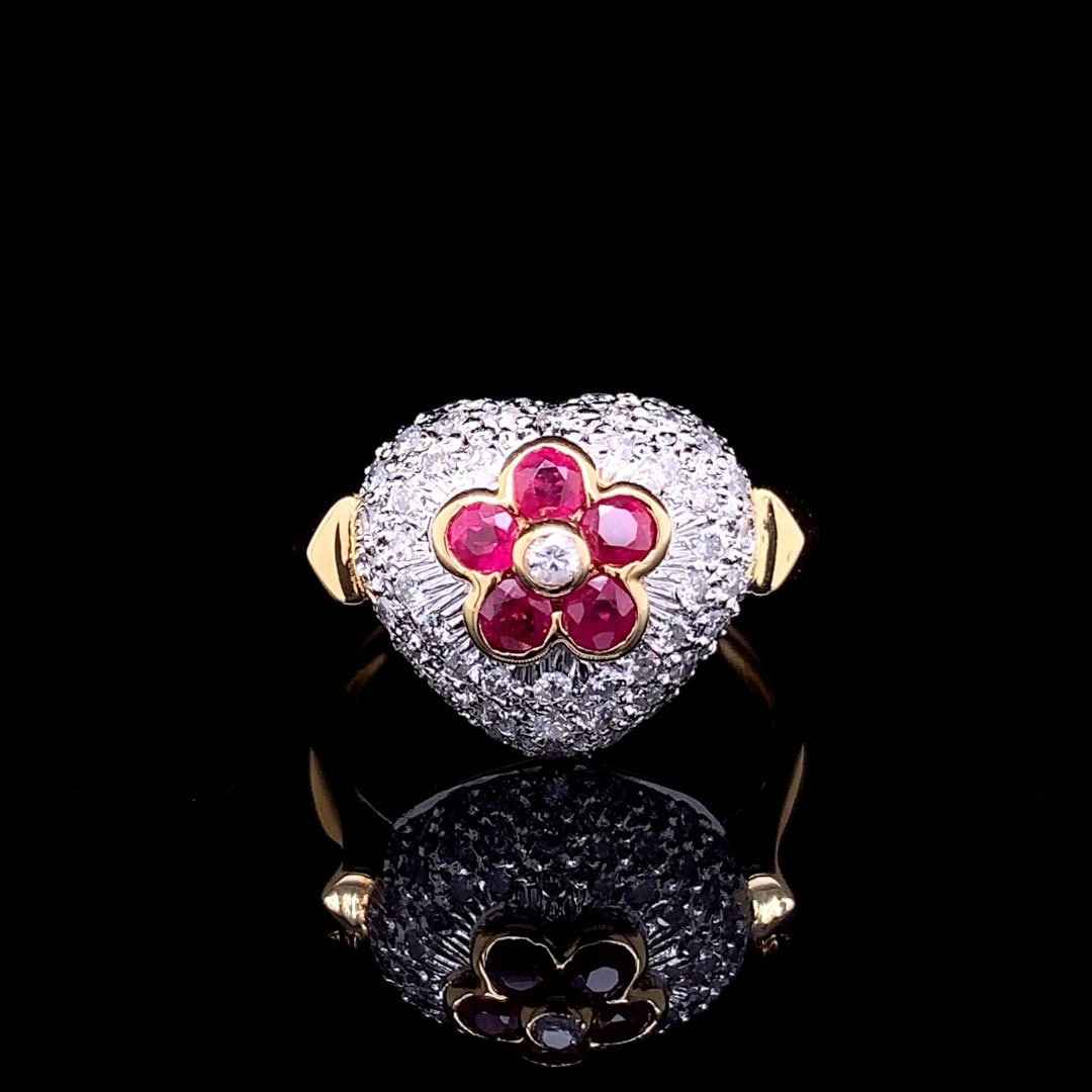 14k Gold 1.12 Ctw Natural Ruby & Diamond Ring: Ref:230996426 // gold content:14k gold // ring size:7. 25us // // main gemstone:ruby // shape:round // carat weight:0. 52ct // color:red // treatment:natural // cut grade:g // // adjacent gemstone 2