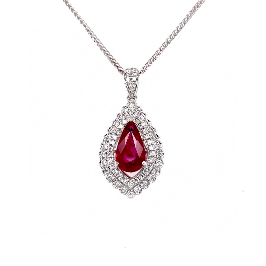 14k Gold 1.36 Ctw Natural Ruby & Diamond Necklace: Ref:230996440 // gold content:14k gold // main gemstone:ruby // shape:pear // carat weight:1. 05ct // color:pigeonblood red // treatment:natural // // adjacent gemstone 2 : diamond // shape:round // c
