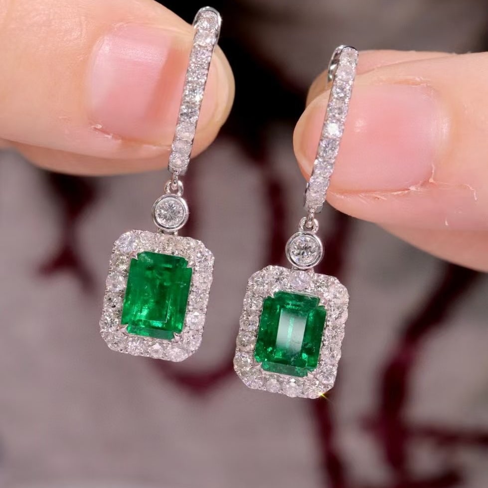 14k Gold 3.20 Ctw Vivid Green Natural Emerald & Diamond Earrings - 2