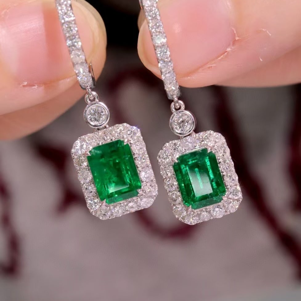 14k Gold 3.20 Ctw Vivid Green Natural Emerald & Diamond Earrings - 4