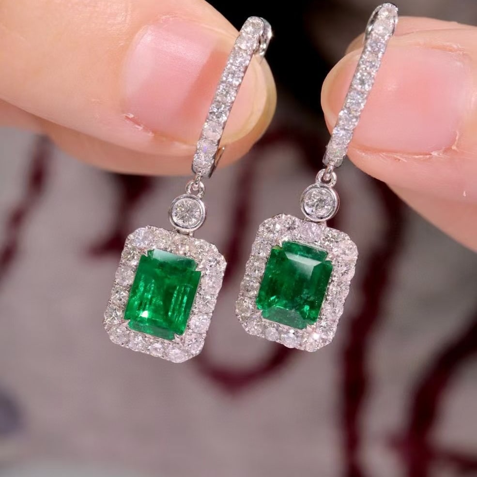 14k Gold 3.20 Ctw Vivid Green Natural Emerald & Diamond Earrings - 5