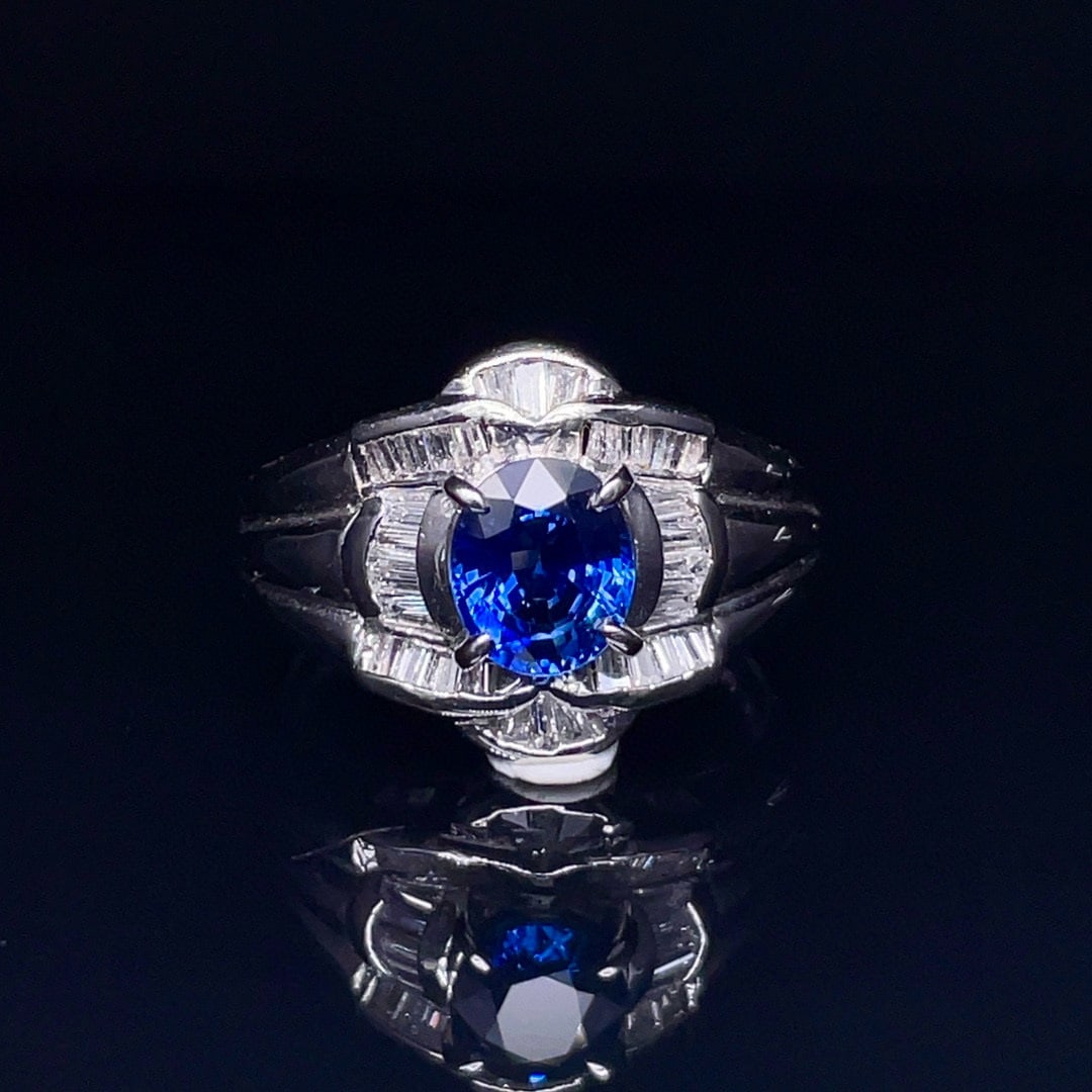 14k Gold 1.80 Ctw Natural Sapphire & Diamond Ring: Ref:230996450 // gold content:14k gold // ring size:7. 25us // // main gemstone:sapphire // shape:oval // carat weight:1. 26ct // color:royal blue // treatment:natural // // adjacent gemstone 2 :