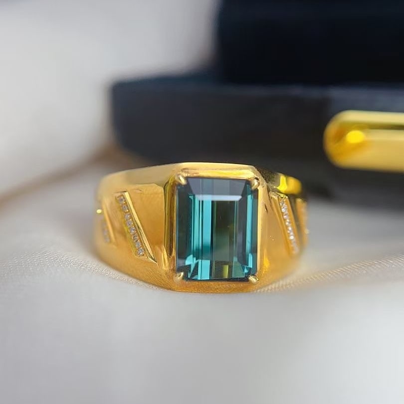 14k Gold 3.25 Ct Natural Tourmaline & Diamond & Men¡¯s Ring: Ref:230997004 // gold content:14k gold // ring size:8us // // main gemstone:tourmaline // shape:octagonal // carat weight:3. 25ct // color:blue // treatment:natural // // adjacent gemstone 2 :