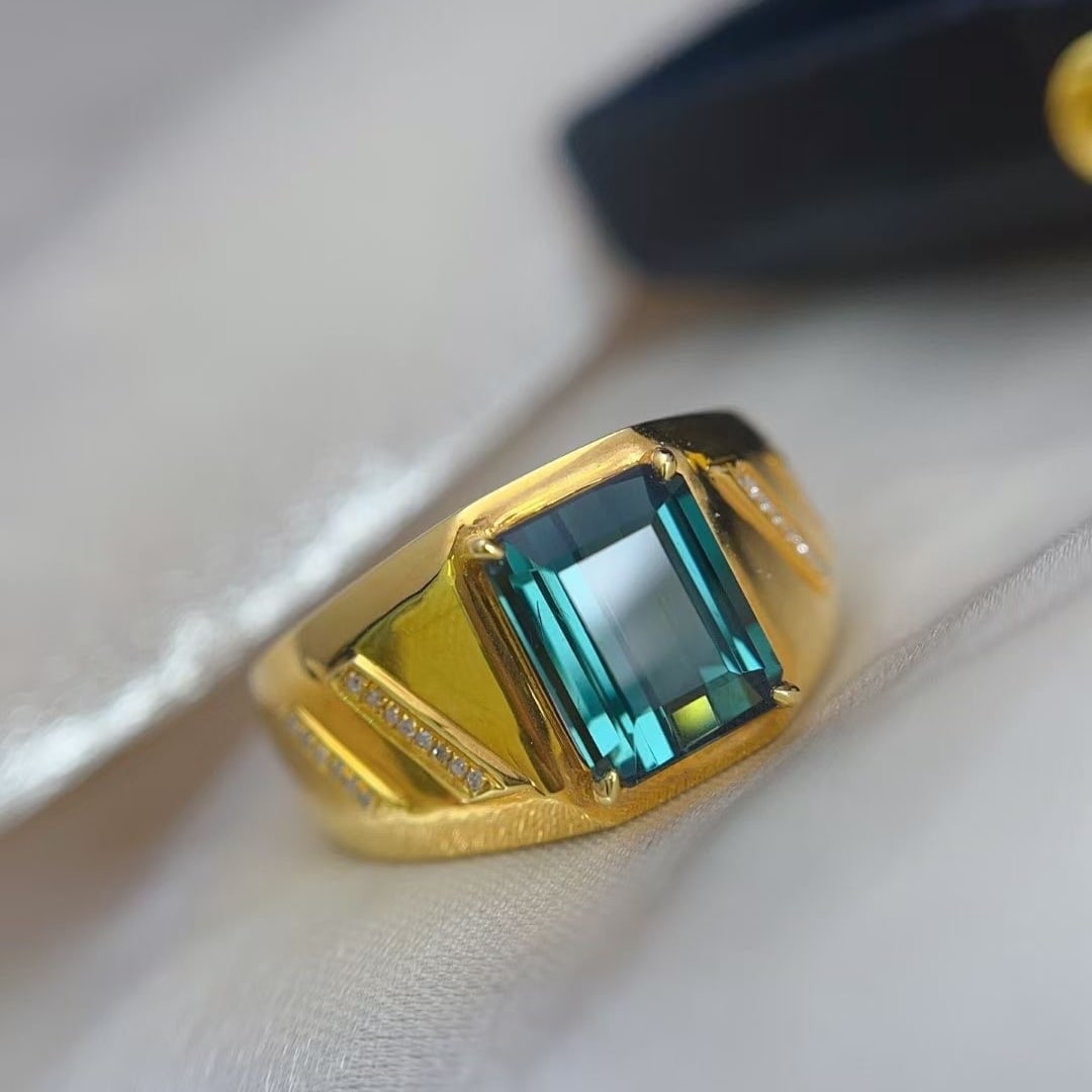 14k Gold 3.25 Ct Natural Tourmaline & Diamond & Men¡¯s Ring - 2