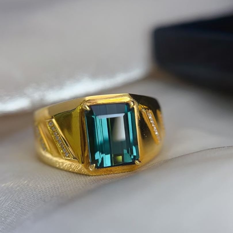 14k Gold 3.25 Ct Natural Tourmaline & Diamond & Men¡¯s Ring - 3