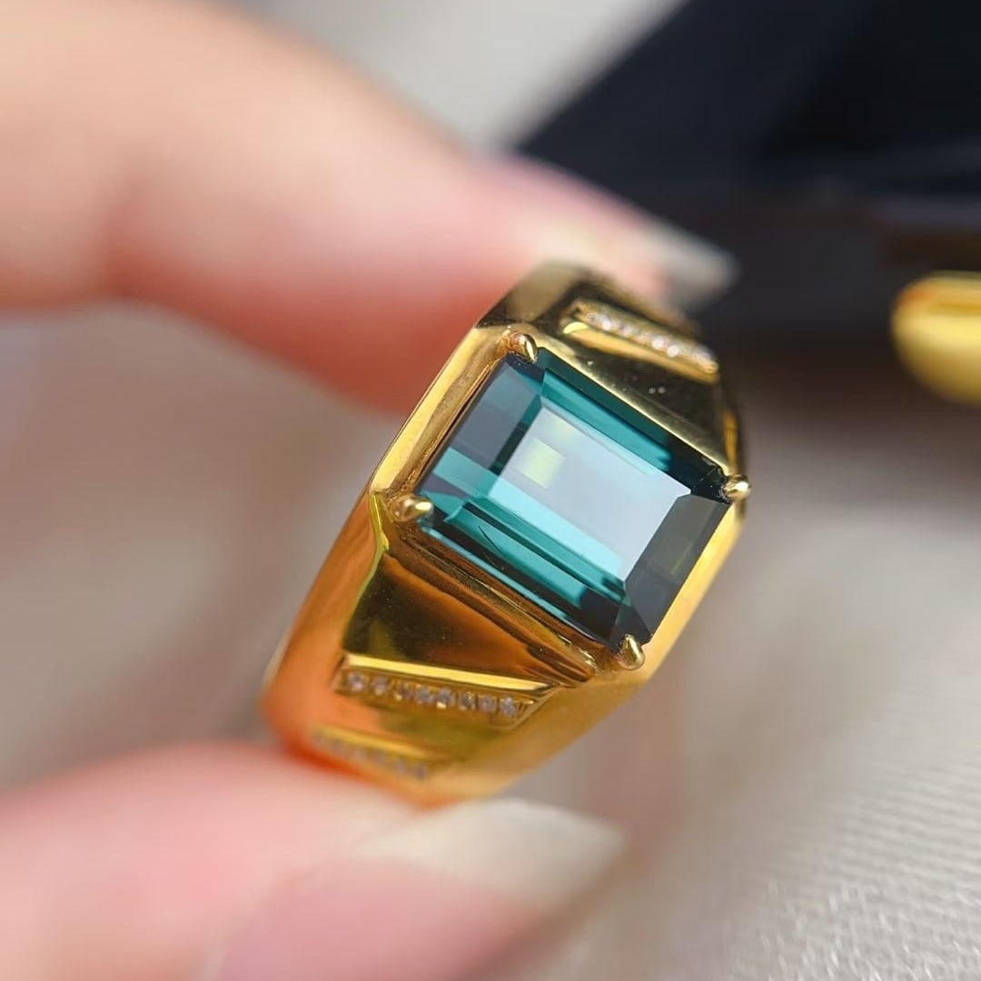 14k Gold 3.25 Ct Natural Tourmaline & Diamond & Men¡¯s Ring - 4