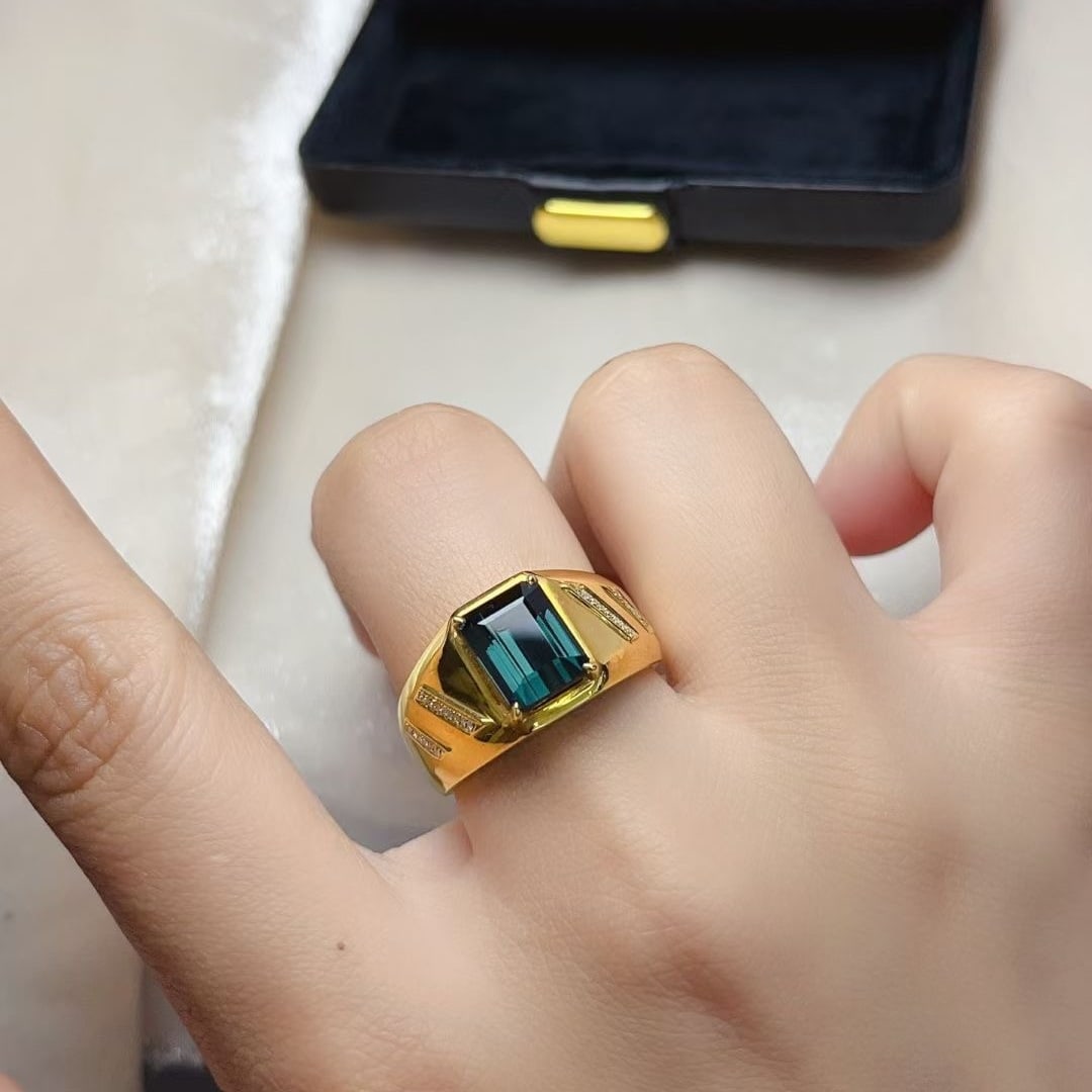14k Gold 3.25 Ct Natural Tourmaline & Diamond & Men¡¯s Ring - 6