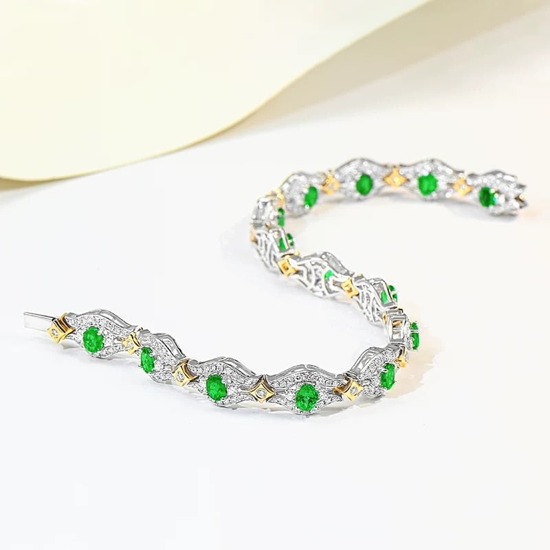 14k Gold 3.85 Ctw Vivid Green Natural Emerald & Diamond Bracelet - 3