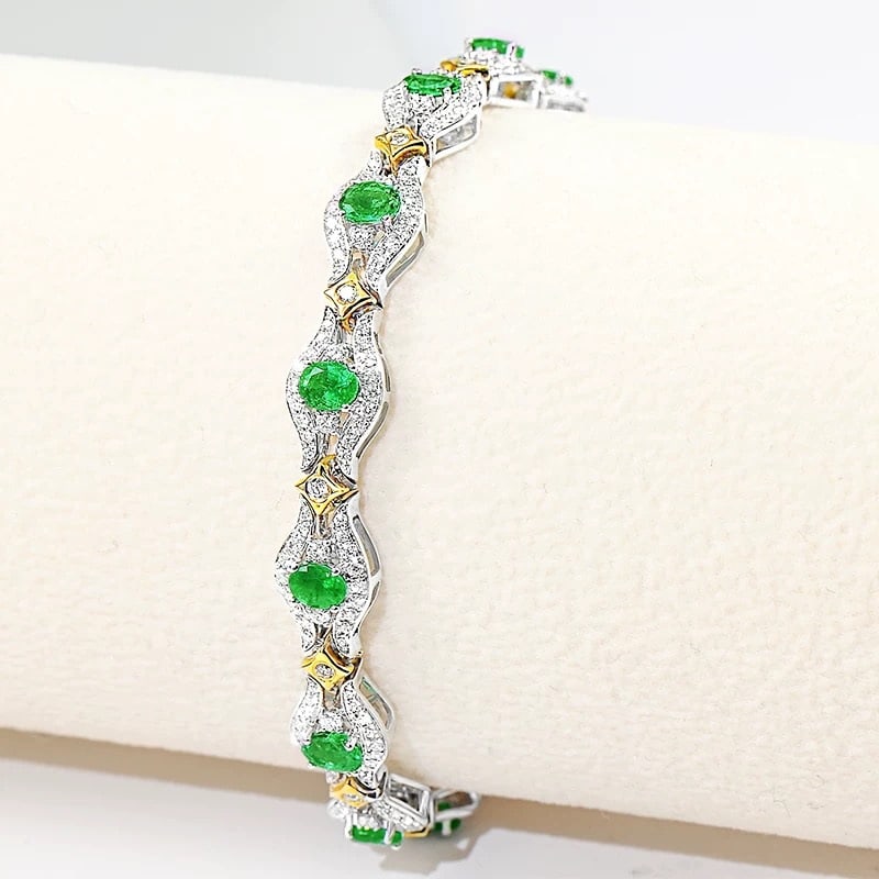 14k Gold 3.85 Ctw Vivid Green Natural Emerald & Diamond Bracelet - 5