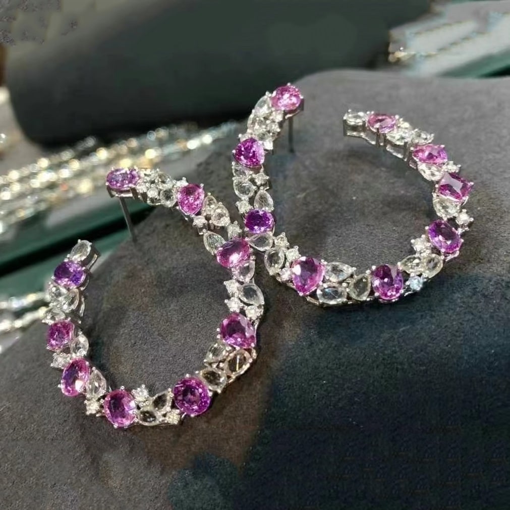 14k Gold 6.8 Ct Natural Sapphire & Sapphire & Diamond Earrings - 3